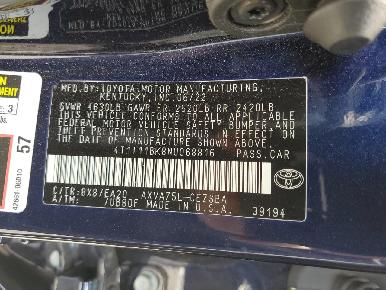 2022 Toyota Camry Se VIN: 4T1T11BK8NU068816 Lot: 65064905