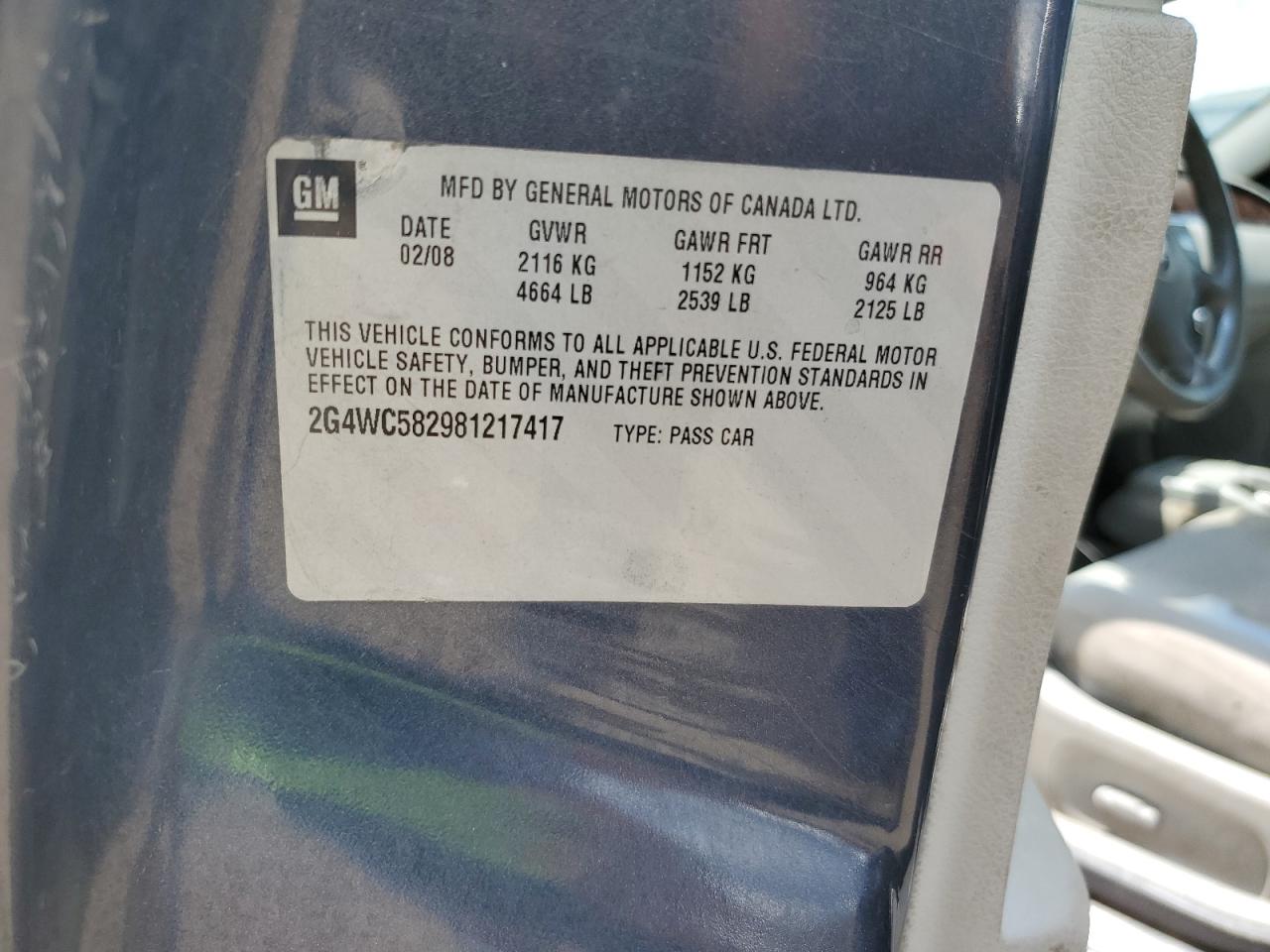 2008 Buick Lacrosse Cx VIN: 2G4WC582981217417 Lot: 64685315