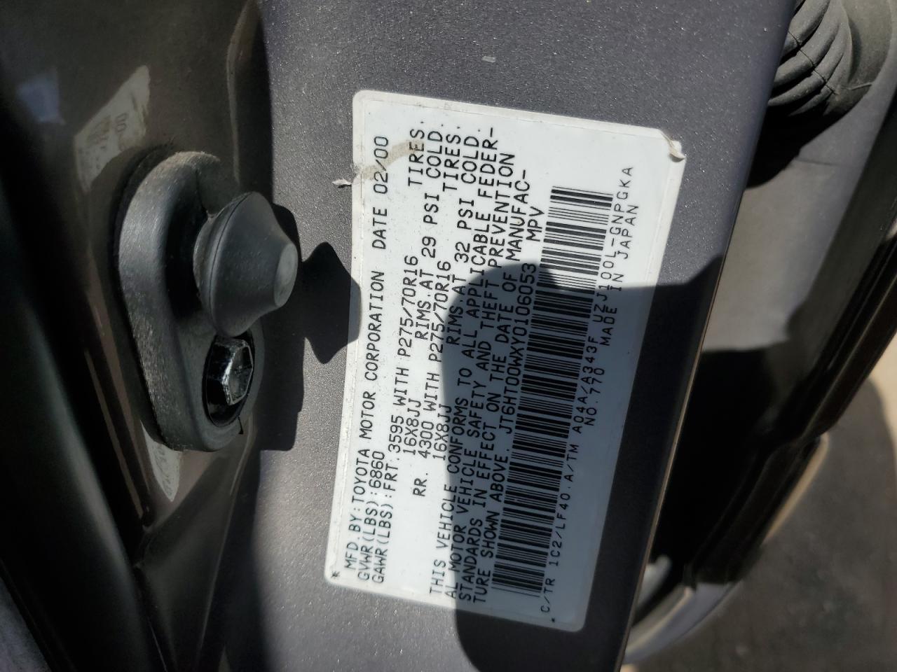 2000 Lexus Lx 470 VIN: JT6HT00WXY0106053 Lot: 65321445