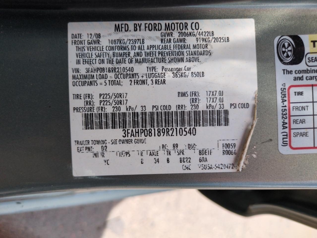 2009 Ford Fusion Sel VIN: 3FAHP08189R210540 Lot: 64024975