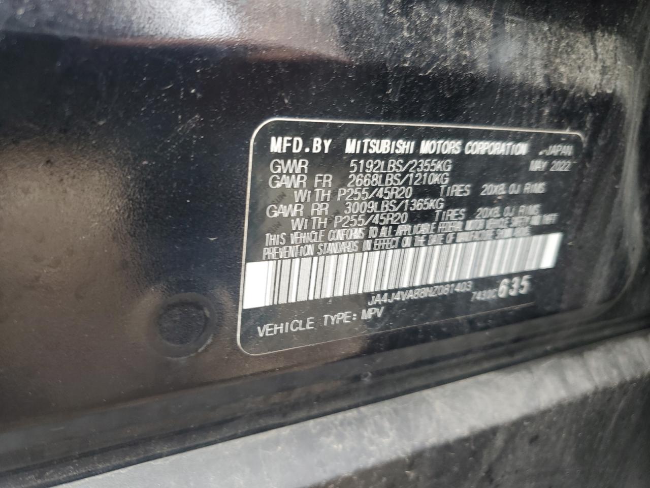 2022 Mitsubishi Outlander Sel VIN: JA4J4VA88NZ081403 Lot: 66024675