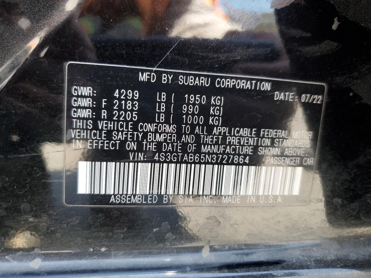 2022 Subaru Impreza VIN: 4S3GTAB65N3727864 Lot: 63346795