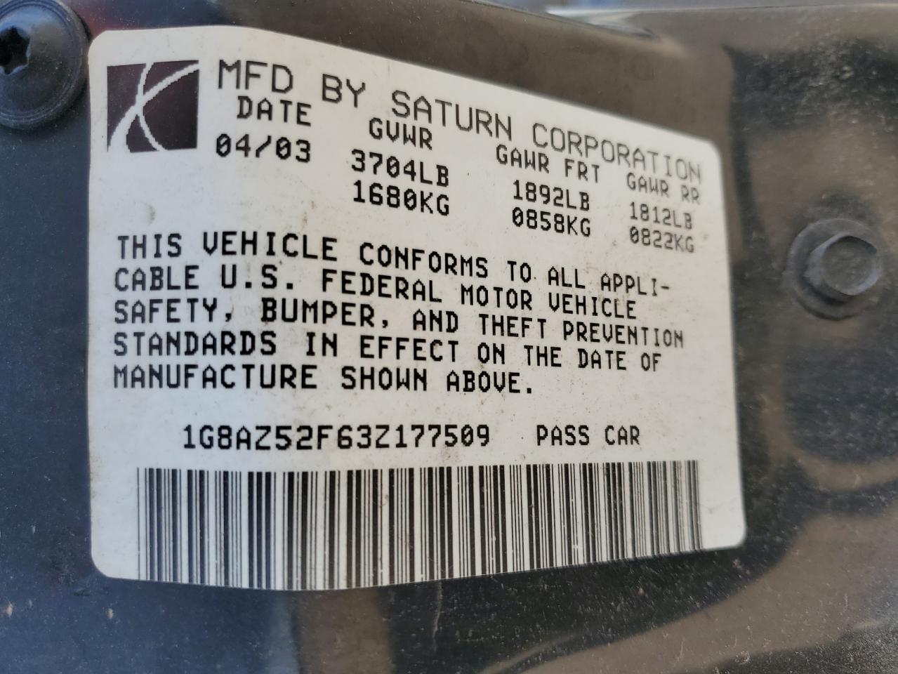 2003 Saturn Ion Level 2 VIN: 1G8AZ52F63Z177509 Lot: 63707265