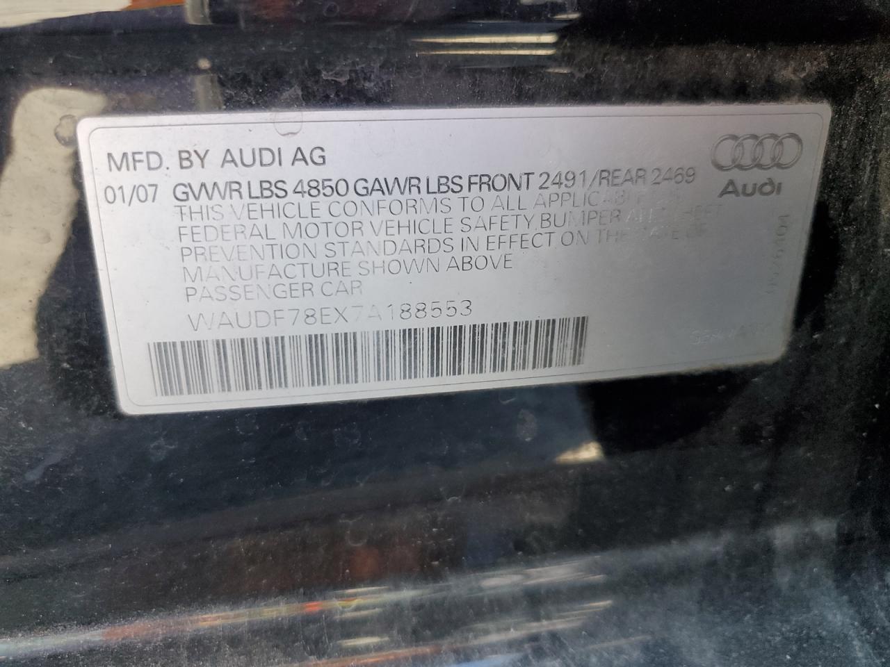 2007 Audi A4 2.0T Quattro VIN: WAUDF78EX7A188553 Lot: 64619155