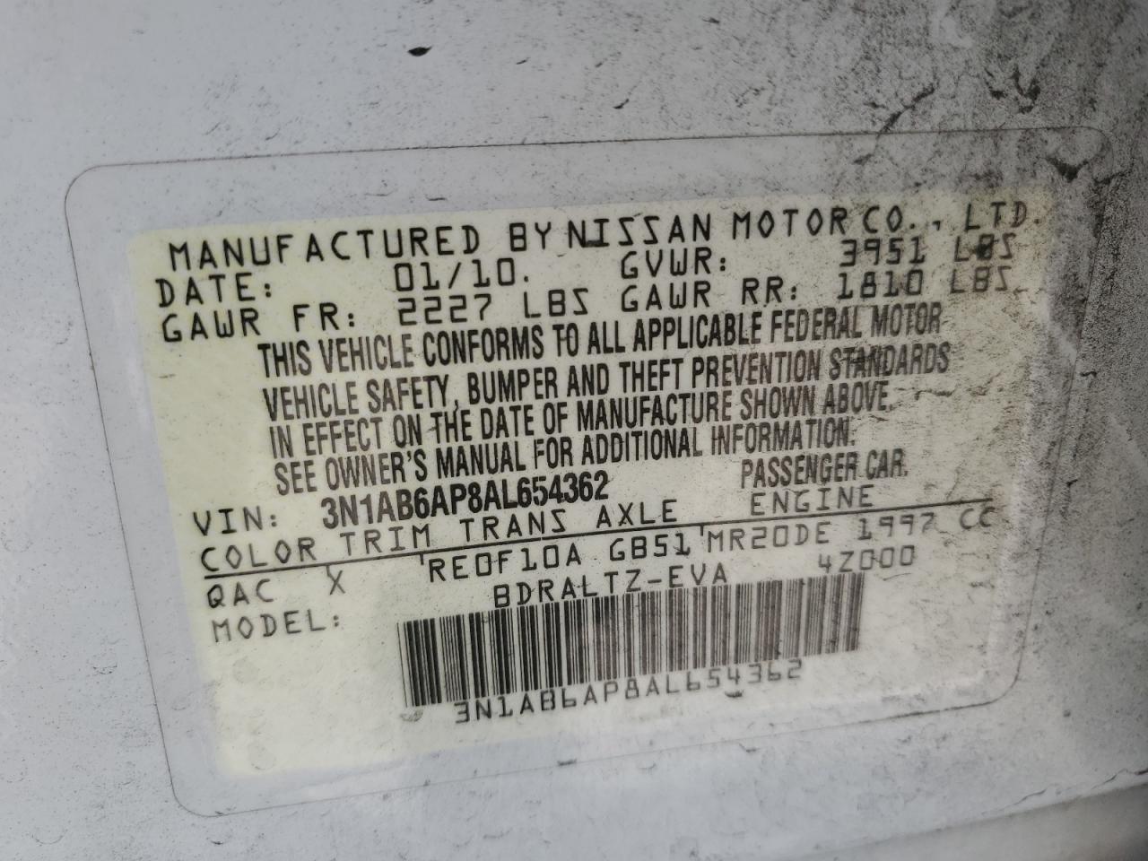 2010 Nissan Sentra 2.0 VIN: 3N1AB6AP8AL654362 Lot: 64329285