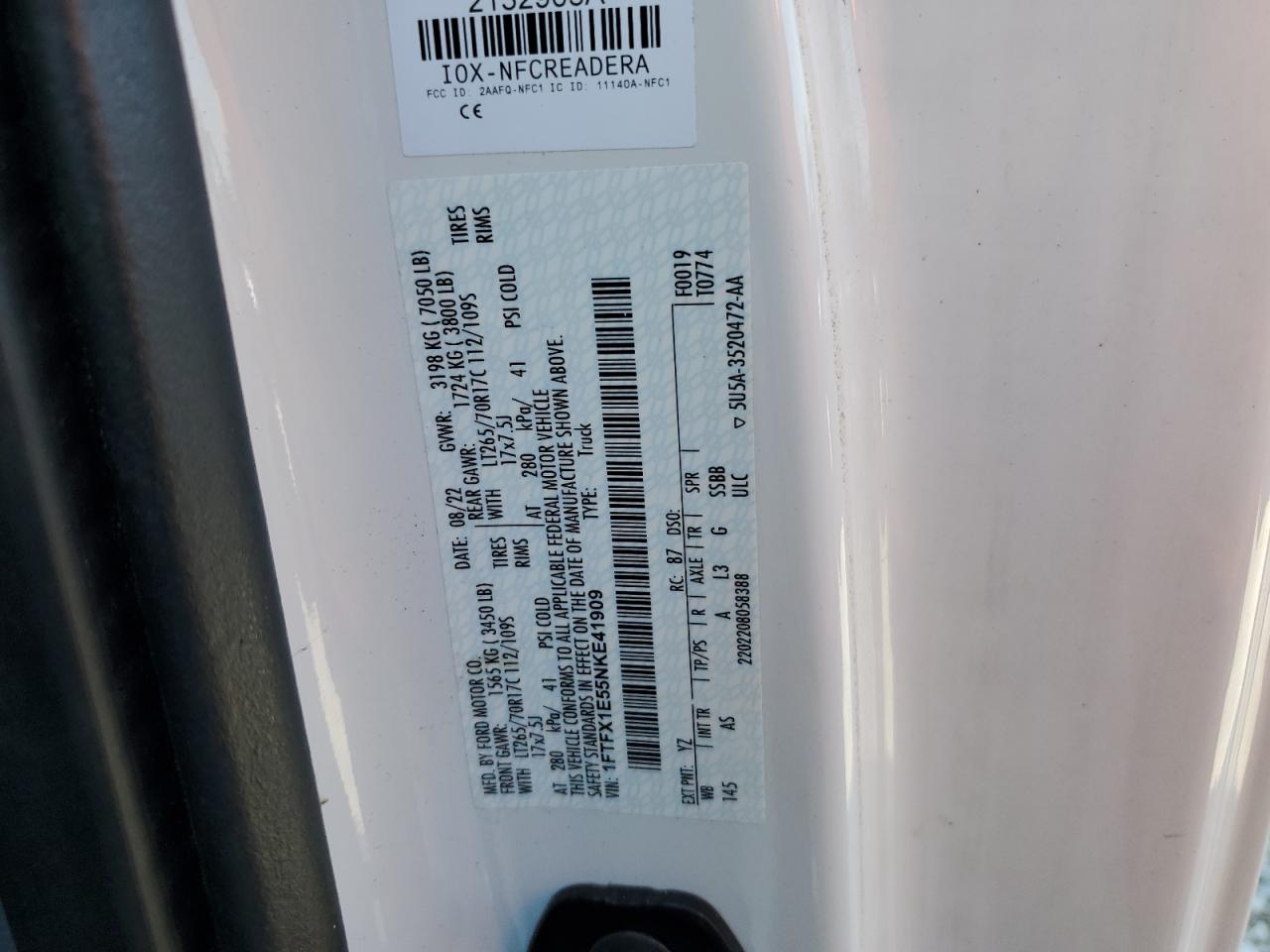 2022 Ford F150 Super Cab VIN: 1FTFX1E55NKE41909 Lot: 63763585