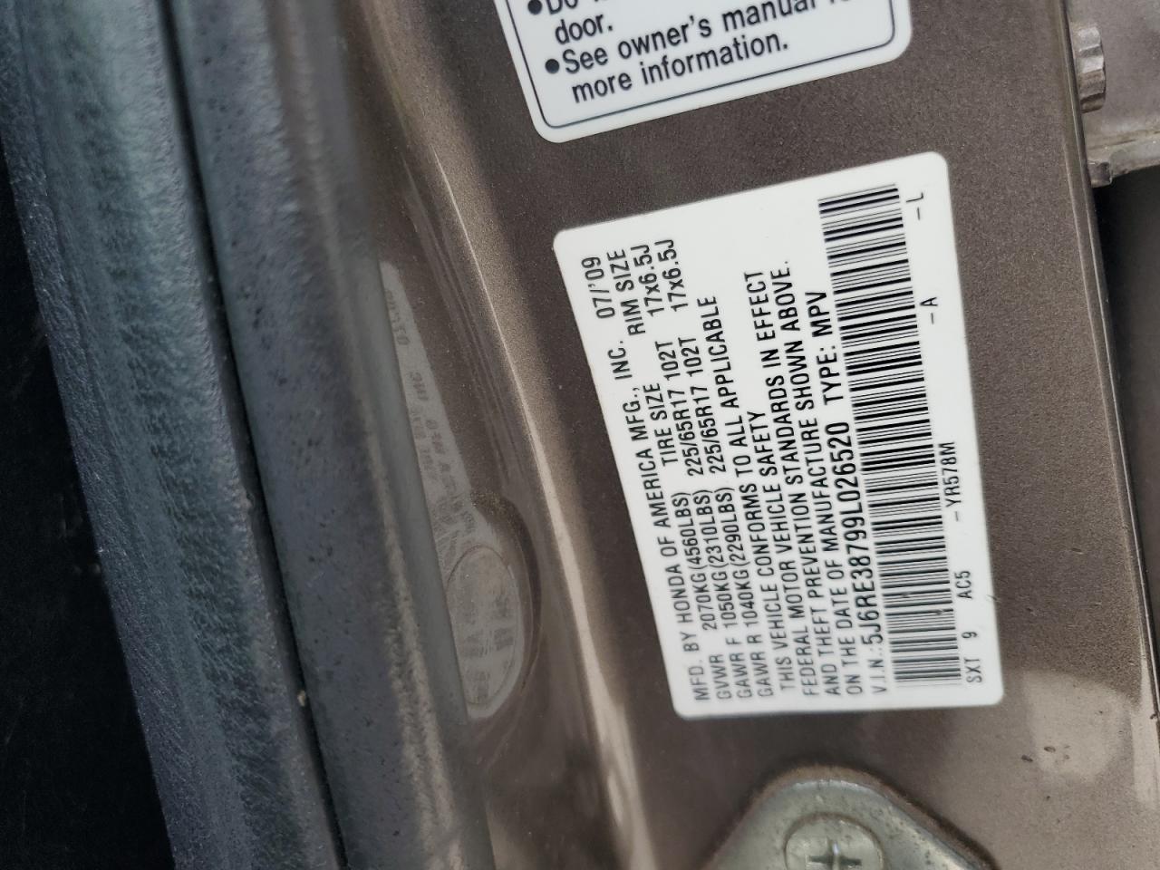 2009 Honda Cr-V Exl VIN: 5J6RE38799L026520 Lot: 56368145