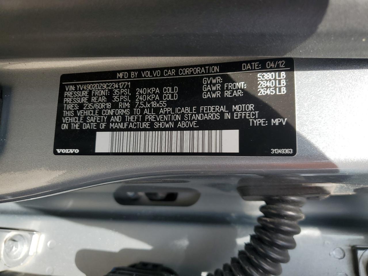 2012 Volvo Xc60 T6 VIN: YV4902DZ9C2341771 Lot: 62843945