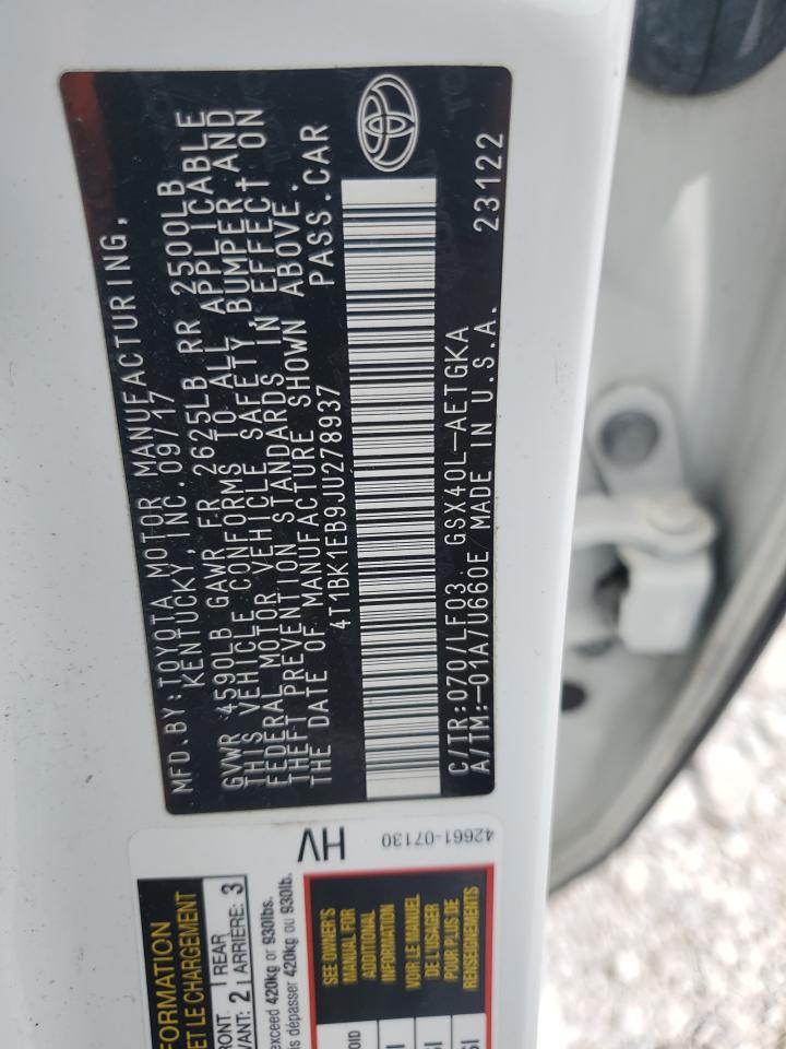 2018 Toyota Avalon Xle VIN: 4T1BK1EB9JU278937 Lot: 65078005