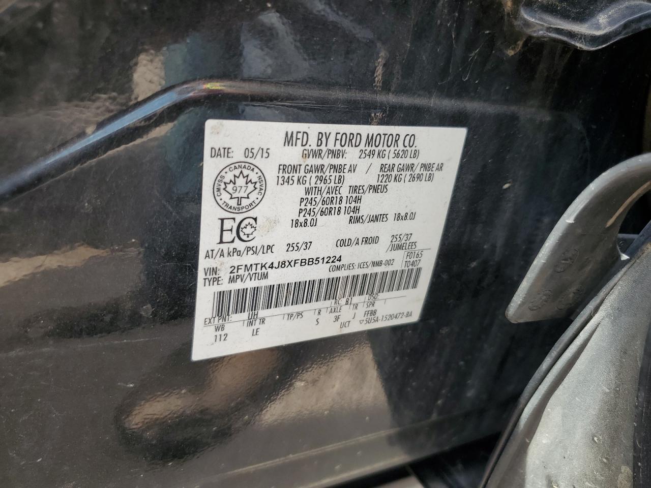 2015 Ford Edge Sel VIN: 2FMTK4J8XFBB51224 Lot: 64519055