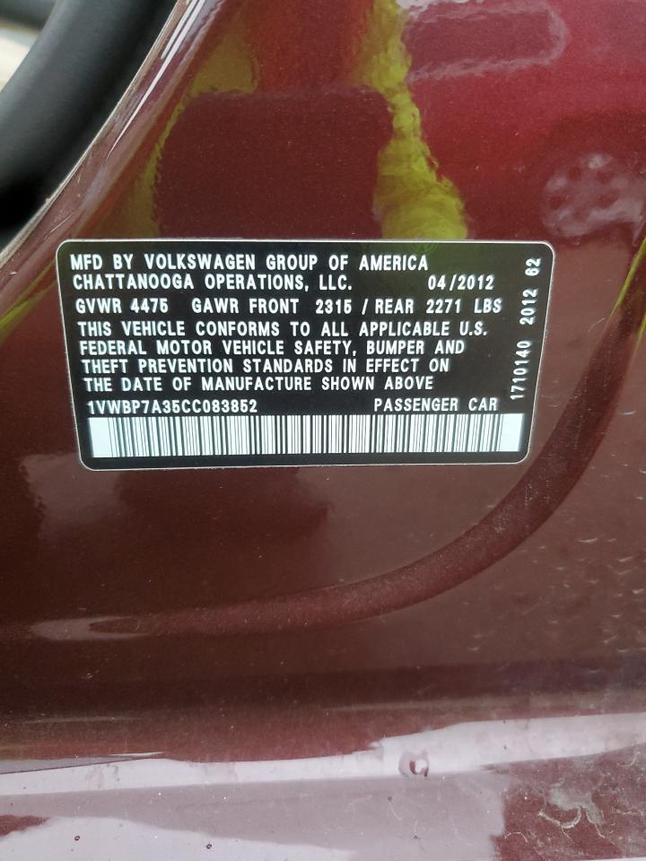 2012 Volkswagen Passat Se VIN: 1VWBP7A35CC083852 Lot: 65082485