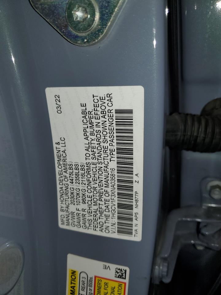 2022 Honda Accord Sport VIN: 1HGCV1F3XNA035816 Lot: 64009155