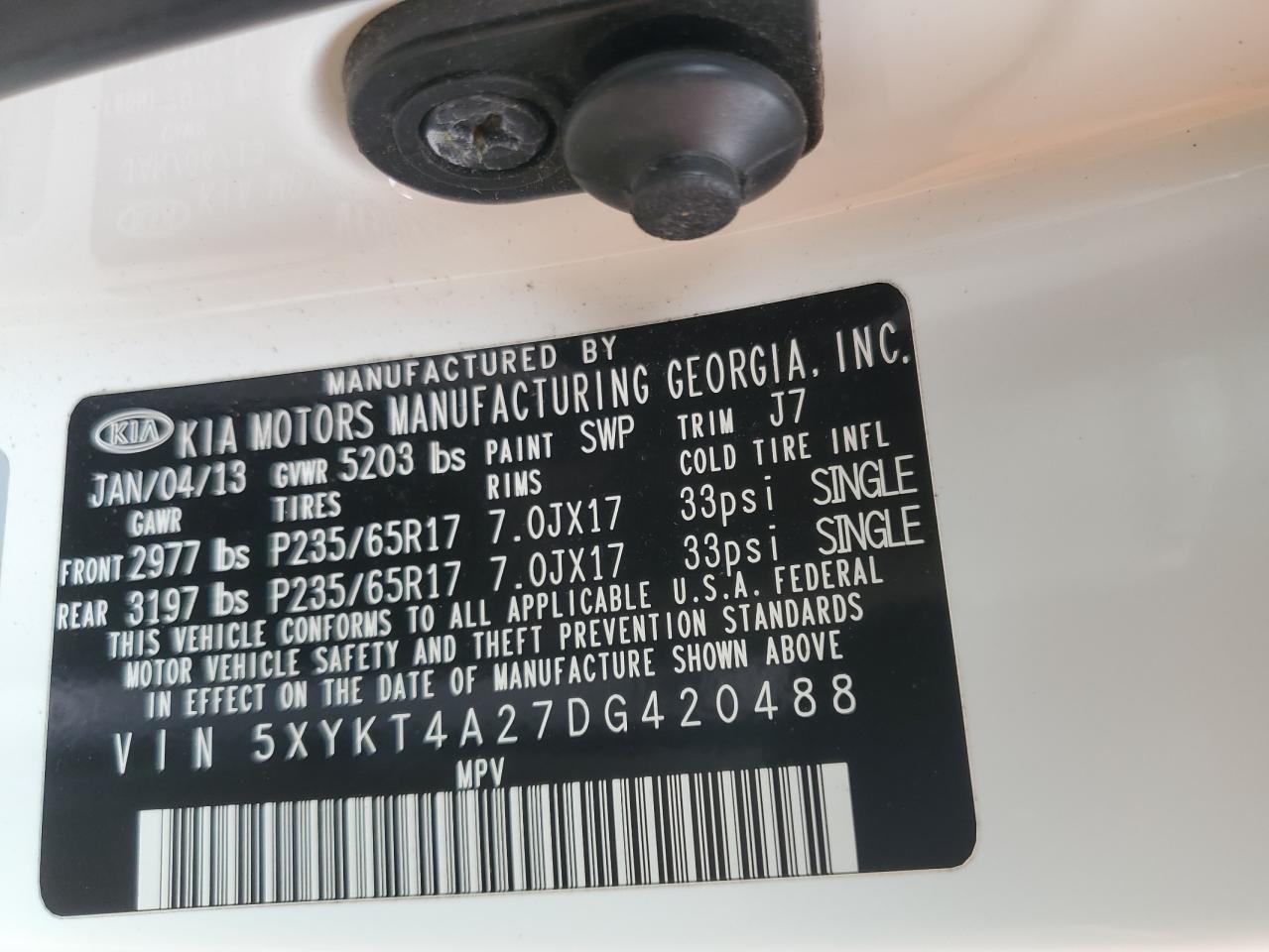 2013 Kia Sorento Lx VIN: 5XYKT4A27DG420488 Lot: 64597915
