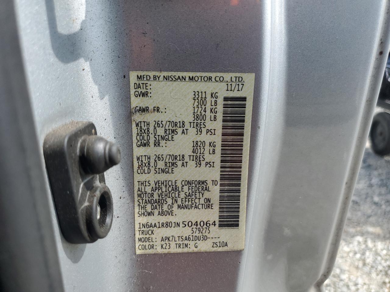 2018 Nissan Titan S VIN: 1N6AA1R80JN504064 Lot: 62677985