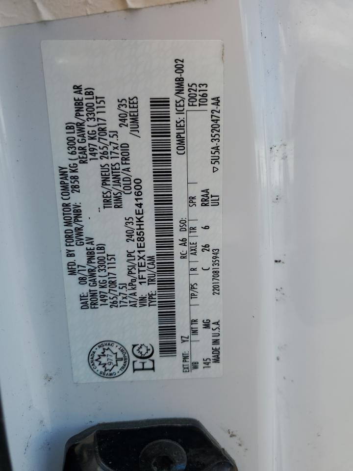 2017 Ford F150 Super Cab VIN: 1FTEX1E85HKE41600 Lot: 65592915