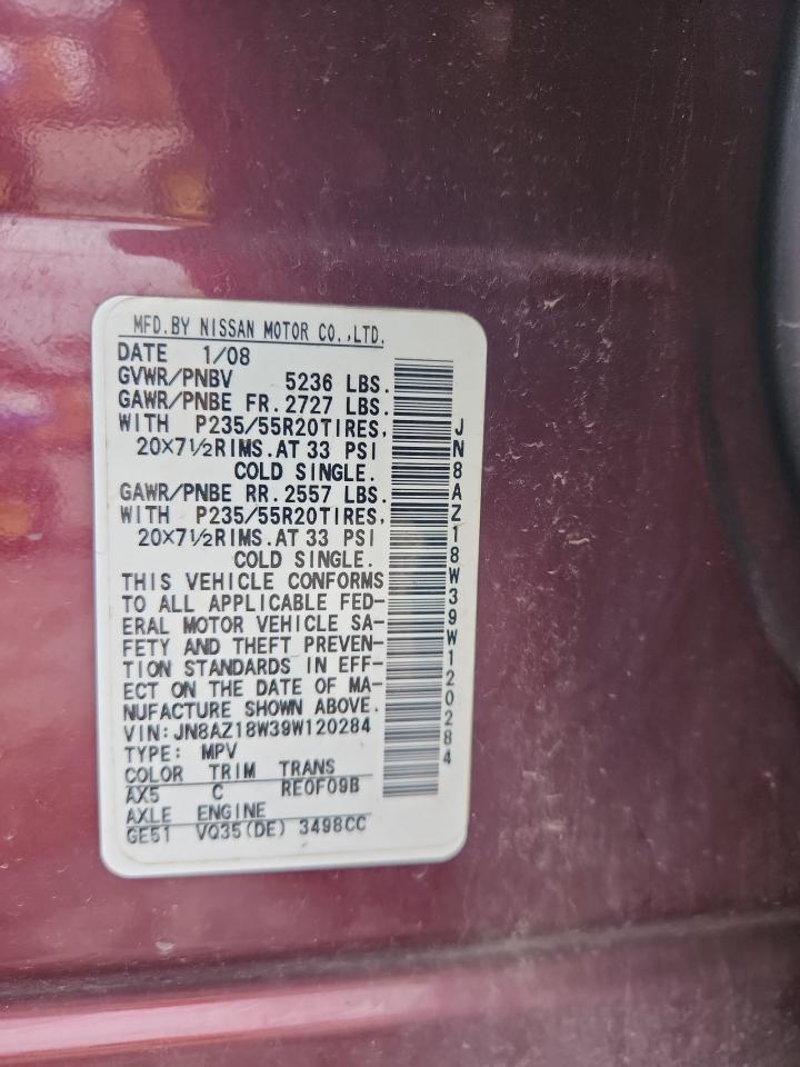 2009 Nissan Murano S VIN: JN8AZ18W39W120284 Lot: 63251245