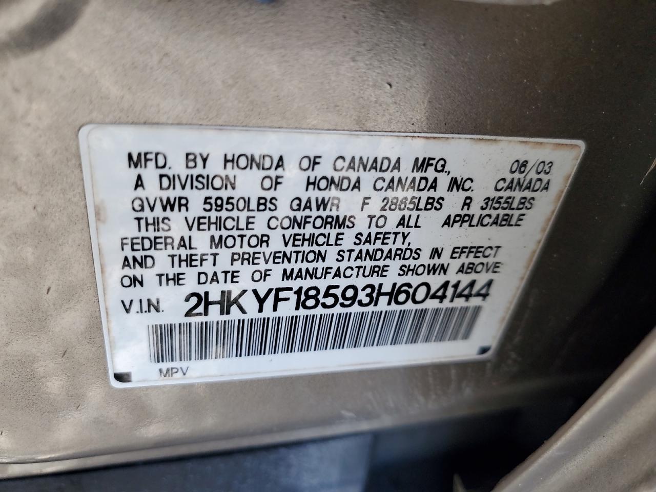 2003 Honda Pilot Exl VIN: 2HKYF18593H604144 Lot: 65175795