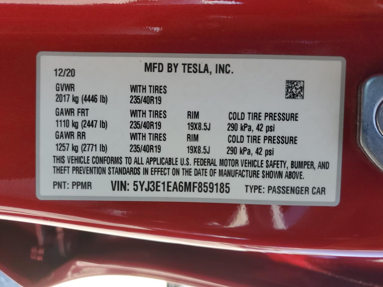2021 Tesla Model 3 VIN: 5YJ3E1EA6MF859185 Lot: 66644545