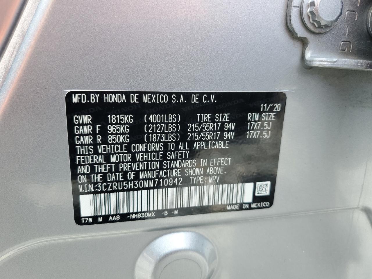 2021 Honda Hr-V Lx VIN: 3CZRU5H30MM710942 Lot: 65116795