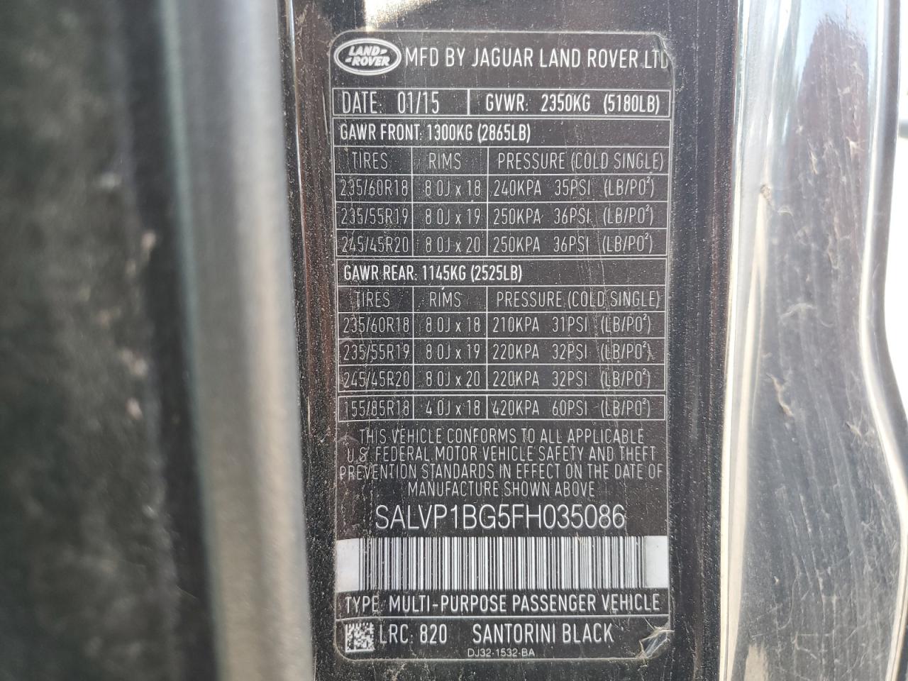 2015 Land Rover Range Rover Evoque Pure Plus VIN: SALVP1BG5FH035086 Lot: 63259905