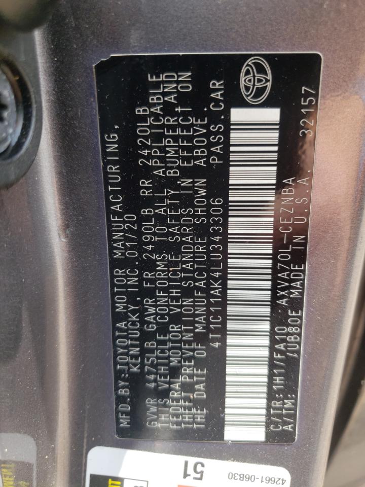 2020 Toyota Camry Le VIN: 4T1C11AK4LU343306 Lot: 64964455