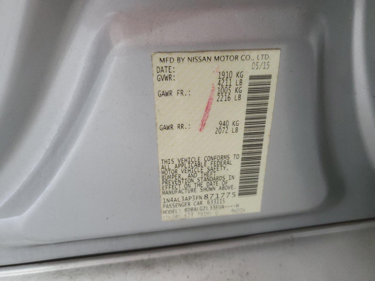 2015 Nissan Altima 2.5 VIN: 1N4AL3AP3FN871775 Lot: 64770395
