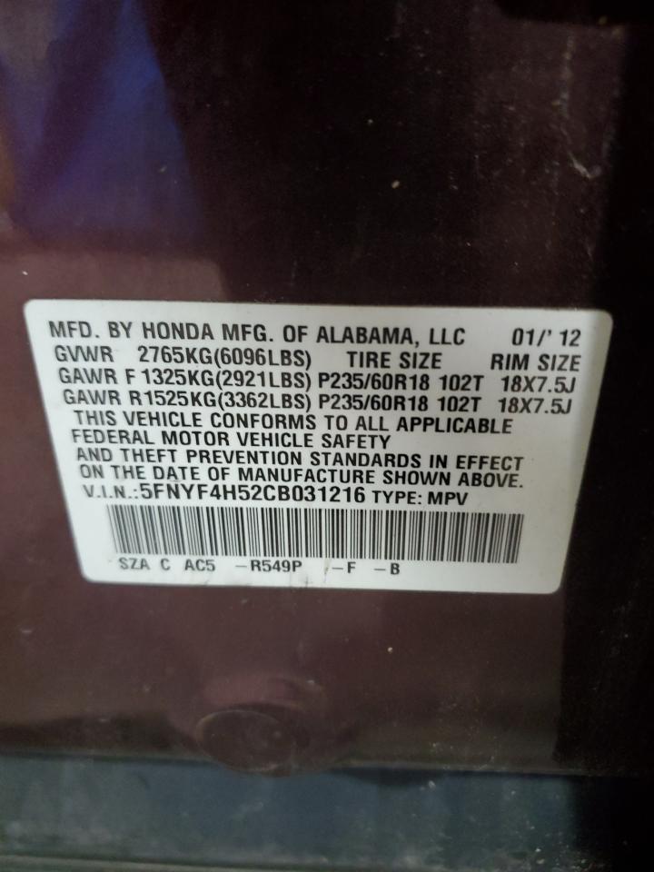 2012 Honda Pilot Exl VIN: 5FNYF4H52CB031216 Lot: 63562035