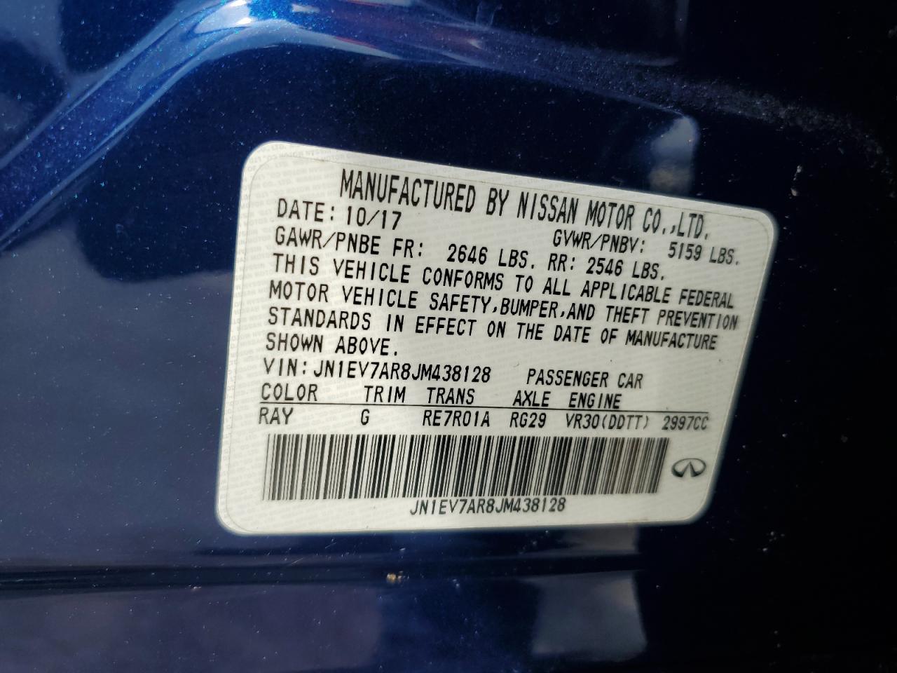 2018 Infiniti Q50 Luxe VIN: JN1EV7AR8JM438128 Lot: 63479875