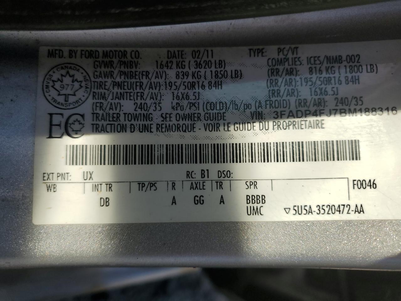 2011 Ford Fiesta Ses VIN: 3FADP4FJ7BM188316 Lot: 64842715