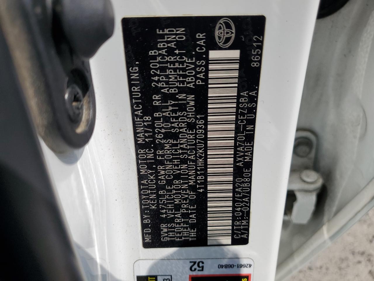 2019 Toyota Camry L VIN: 4T1B11HK2KU709361 Lot: 64029035