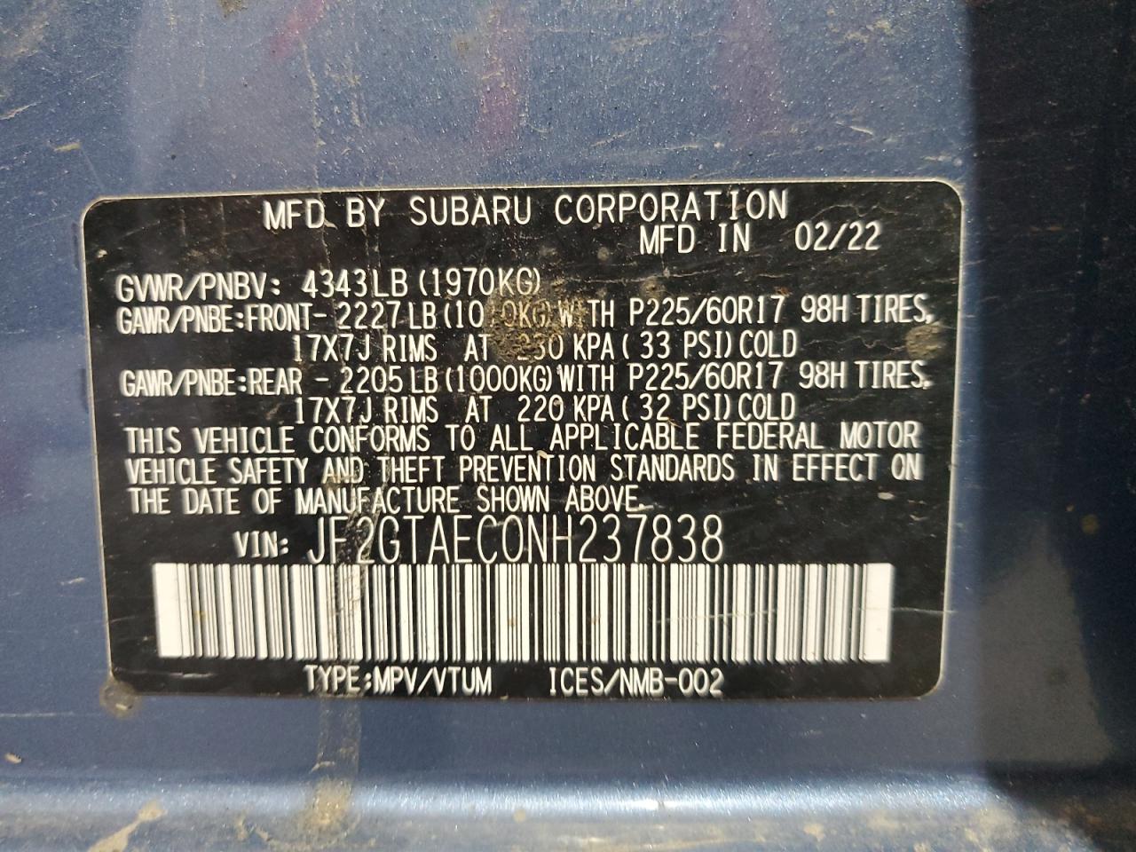 2022 Subaru Crosstrek Premium VIN: JF2GTAEC0NH237838 Lot: 65765345