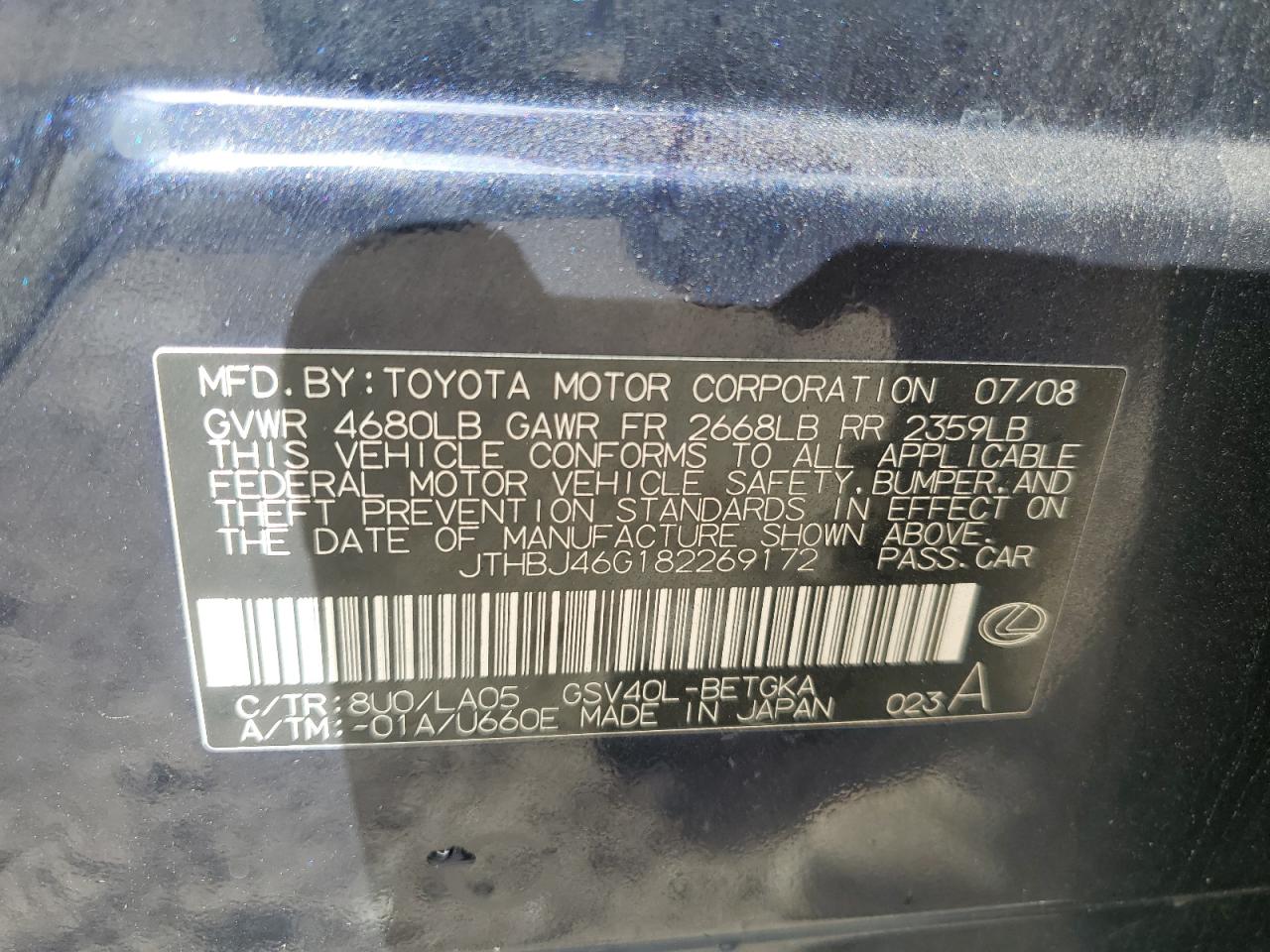 2008 Lexus Es 350 VIN: JTHBJ46G182269172 Lot: 63198385