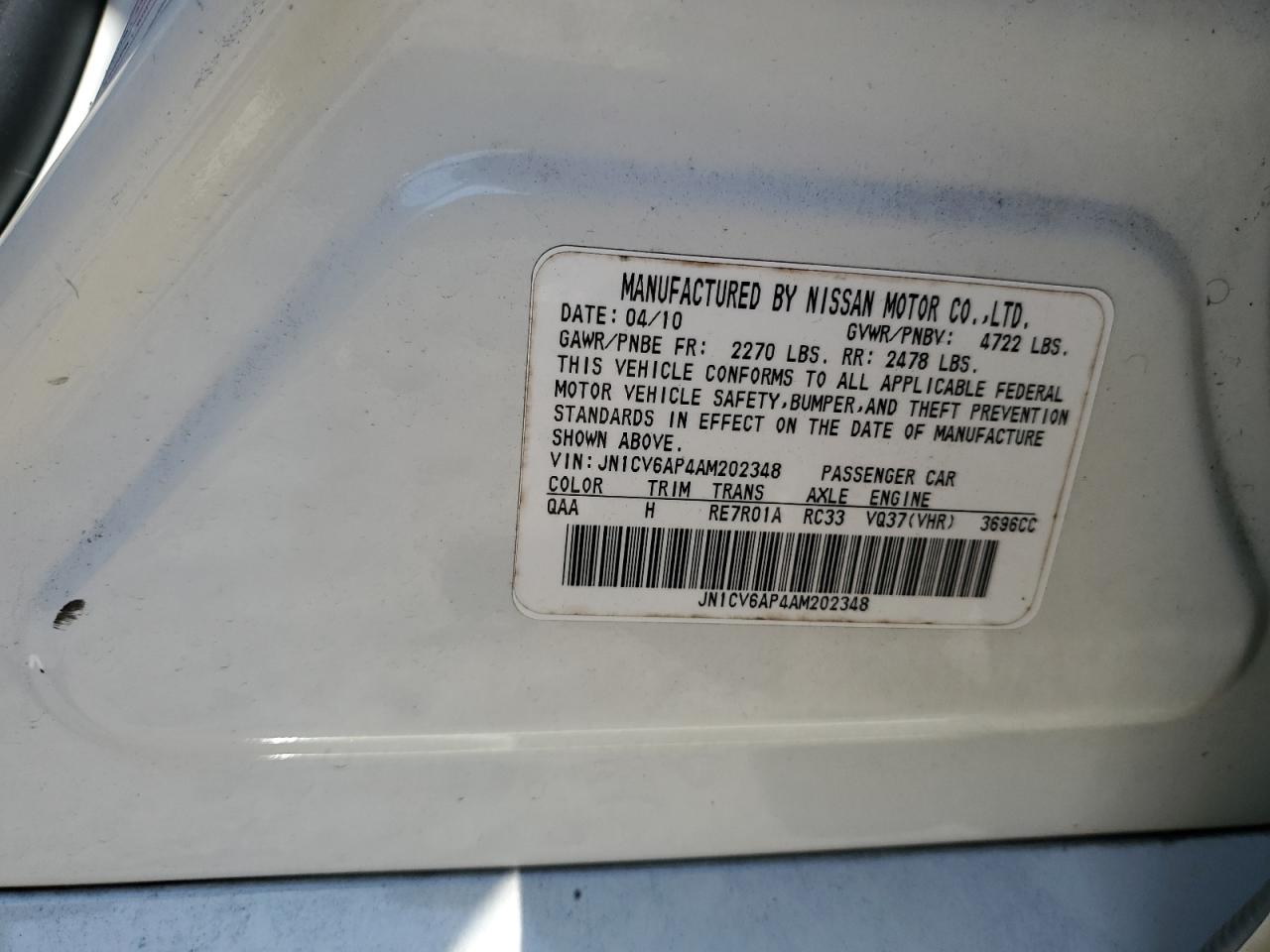 2010 Infiniti G37 Base VIN: JN1CV6AP4AM202348 Lot: 66307875