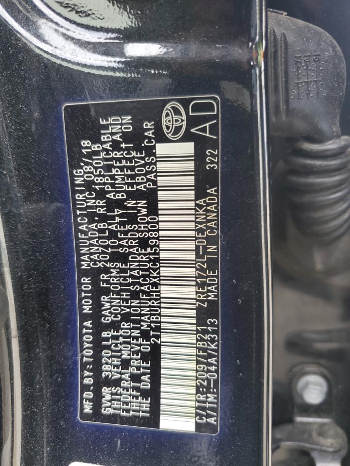 2019 Toyota Corolla L VIN: 2T1BURHEXKC159800 Lot: 65687095