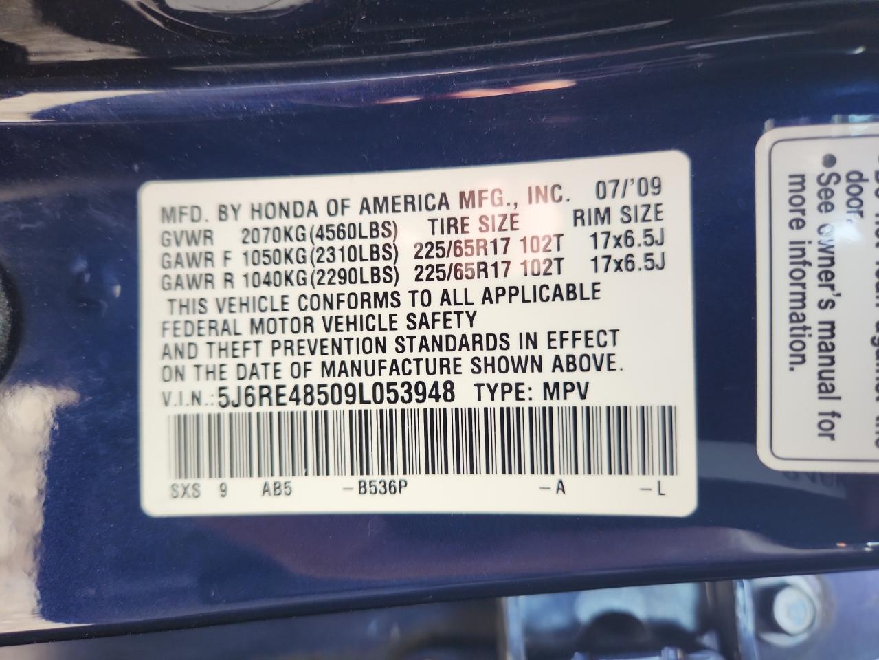2009 Honda Cr-V Ex VIN: 5J6RE48509L053948 Lot: 65352215