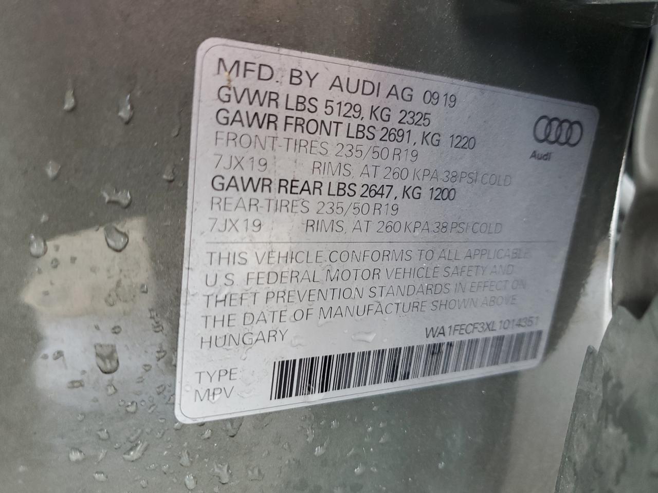 2020 Audi Q3 Prestige S-Line VIN: WA1FECF3XL1014351 Lot: 65358475