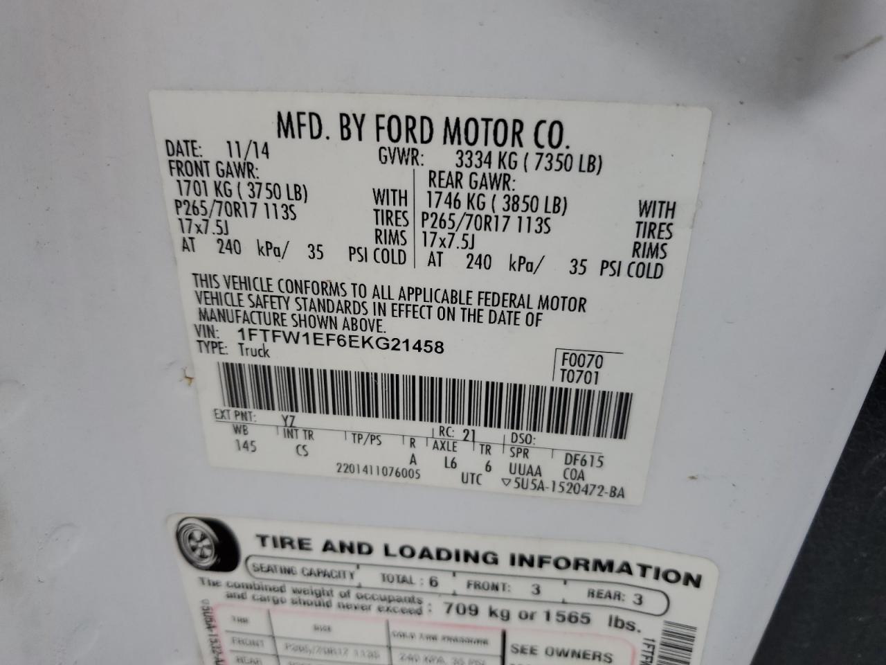 2014 Ford F150 Supercrew VIN: 1FTFW1EF6EKG21458 Lot: 65163355