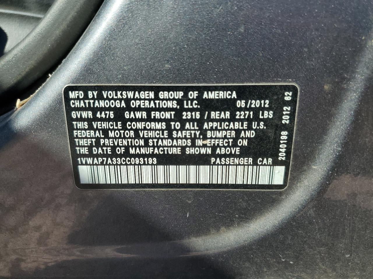 2012 Volkswagen Passat Sel VIN: 1VWCP7A3XCC066484 Lot: 63510795