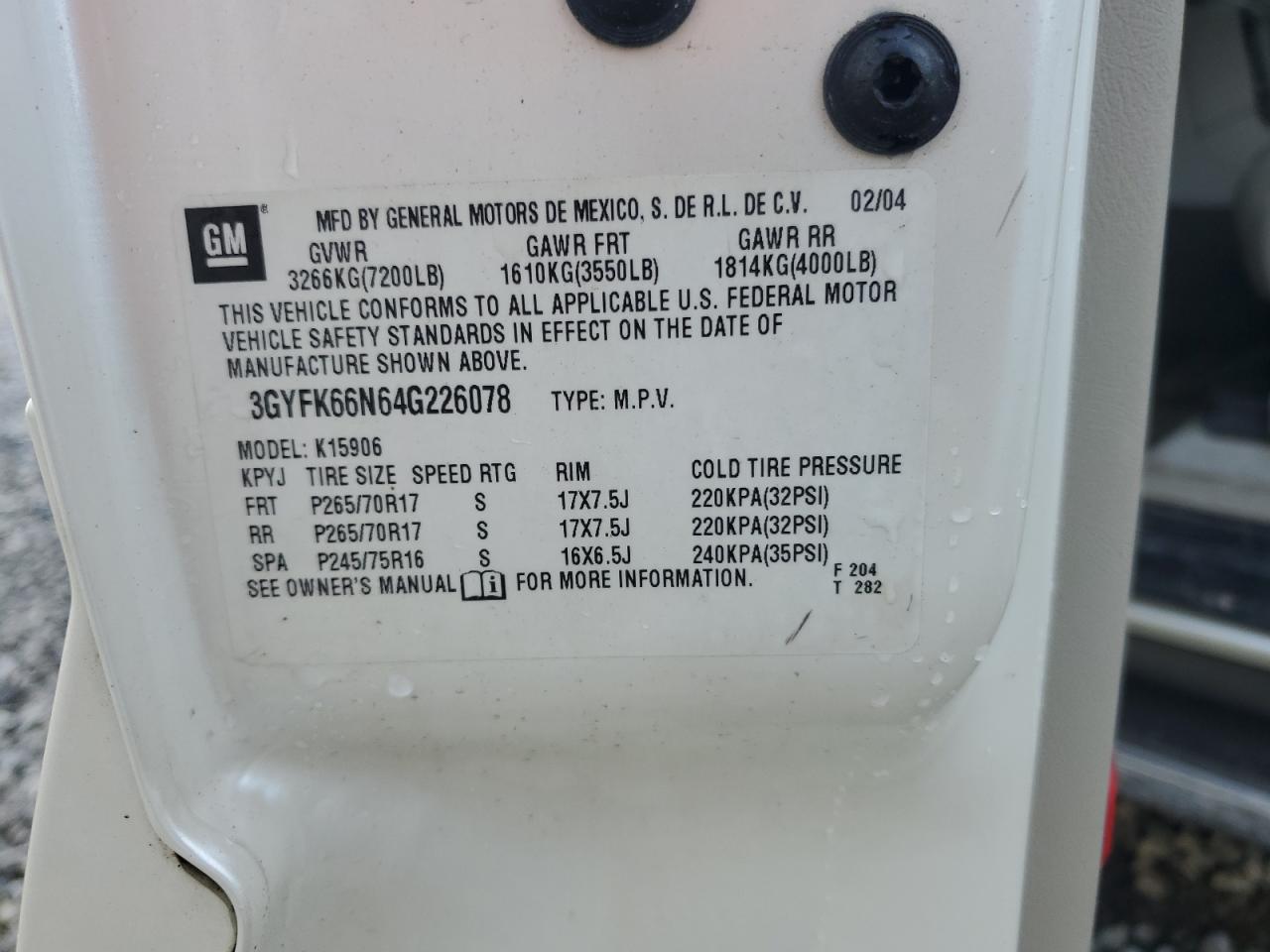 2004 Cadillac Escalade Esv VIN: 3GYFK66N64G226078 Lot: 63217745