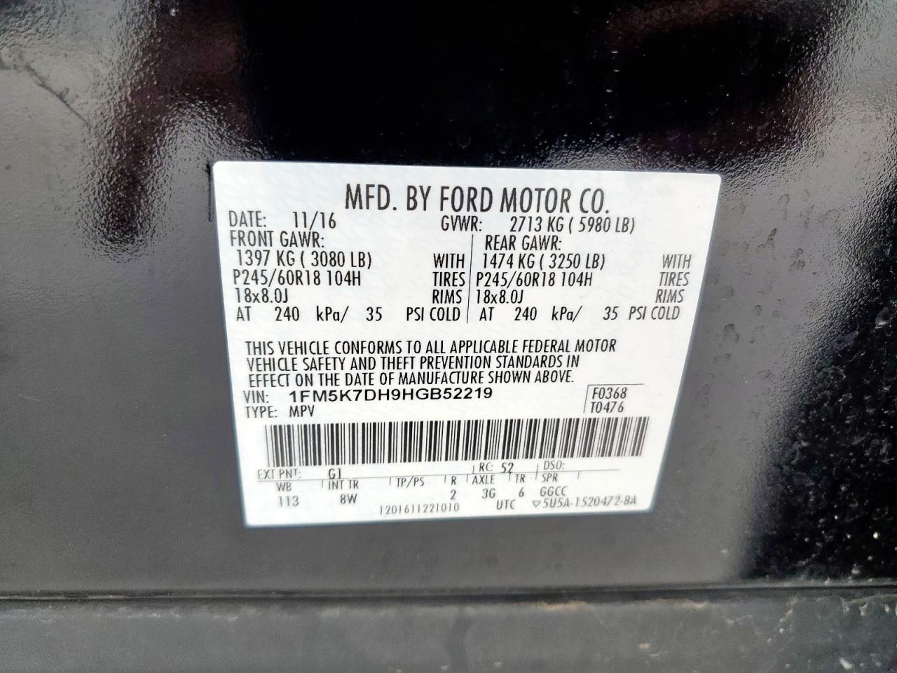 2017 Ford Explorer Xlt VIN: 1FM5K7DH9HGB52219 Lot: 63516895