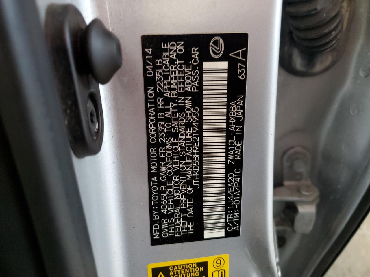 2014 Lexus Ct 200 VIN: JTHKD5BH9E2194955 Lot: 64379975