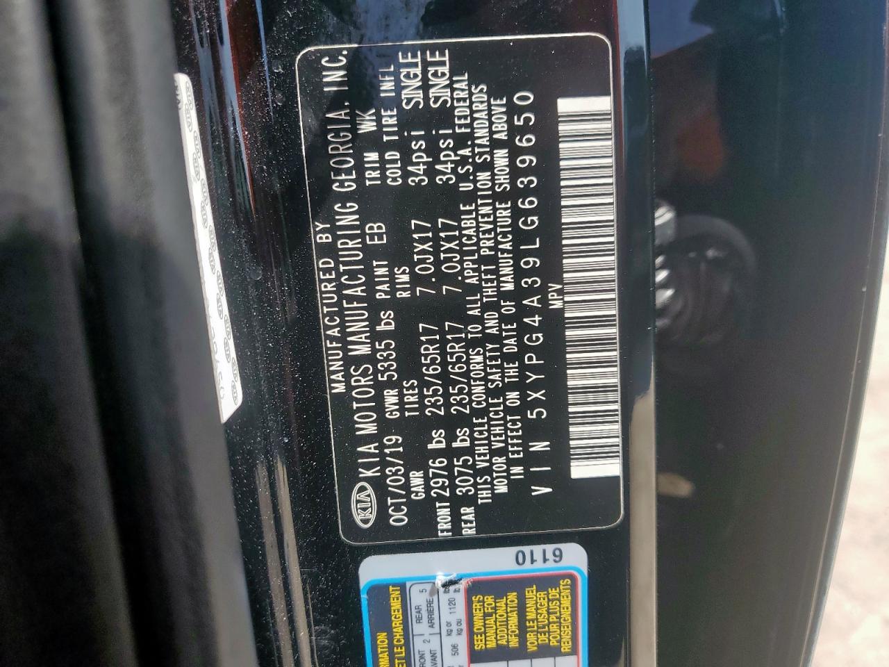 2020 Kia Sorento L VIN: 5XYPG4A39LG639650 Lot: 64805235