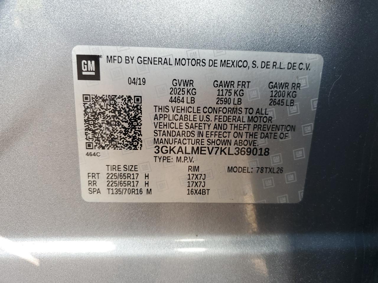 2019 GMC Terrain Sle VIN: 3GKALMEV7KL369018 Lot: 64417805