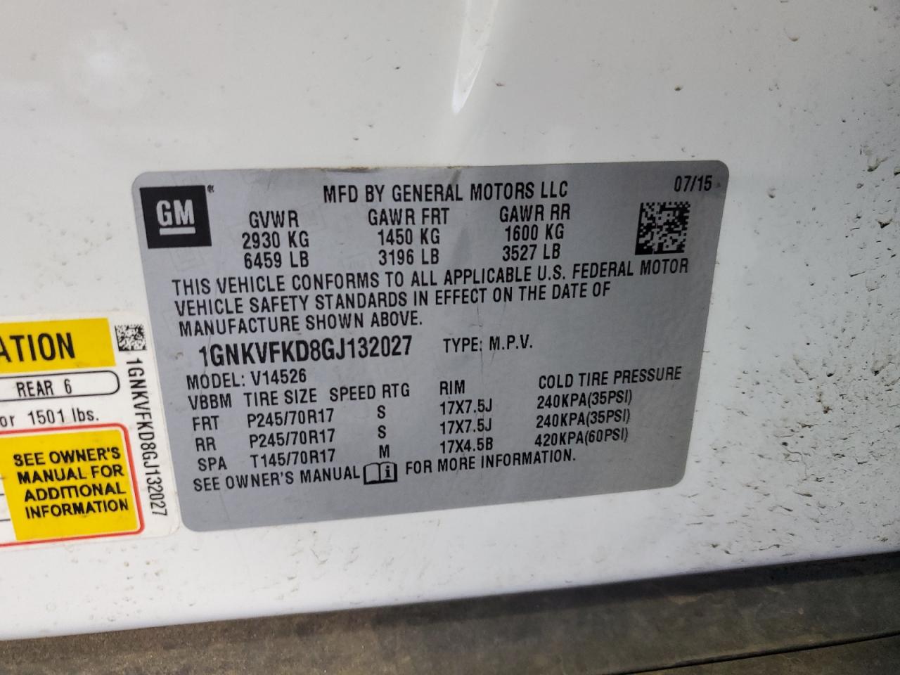 2016 Chevrolet Traverse Ls VIN: 1GNKVFKD8GJ132027 Lot: 64246965