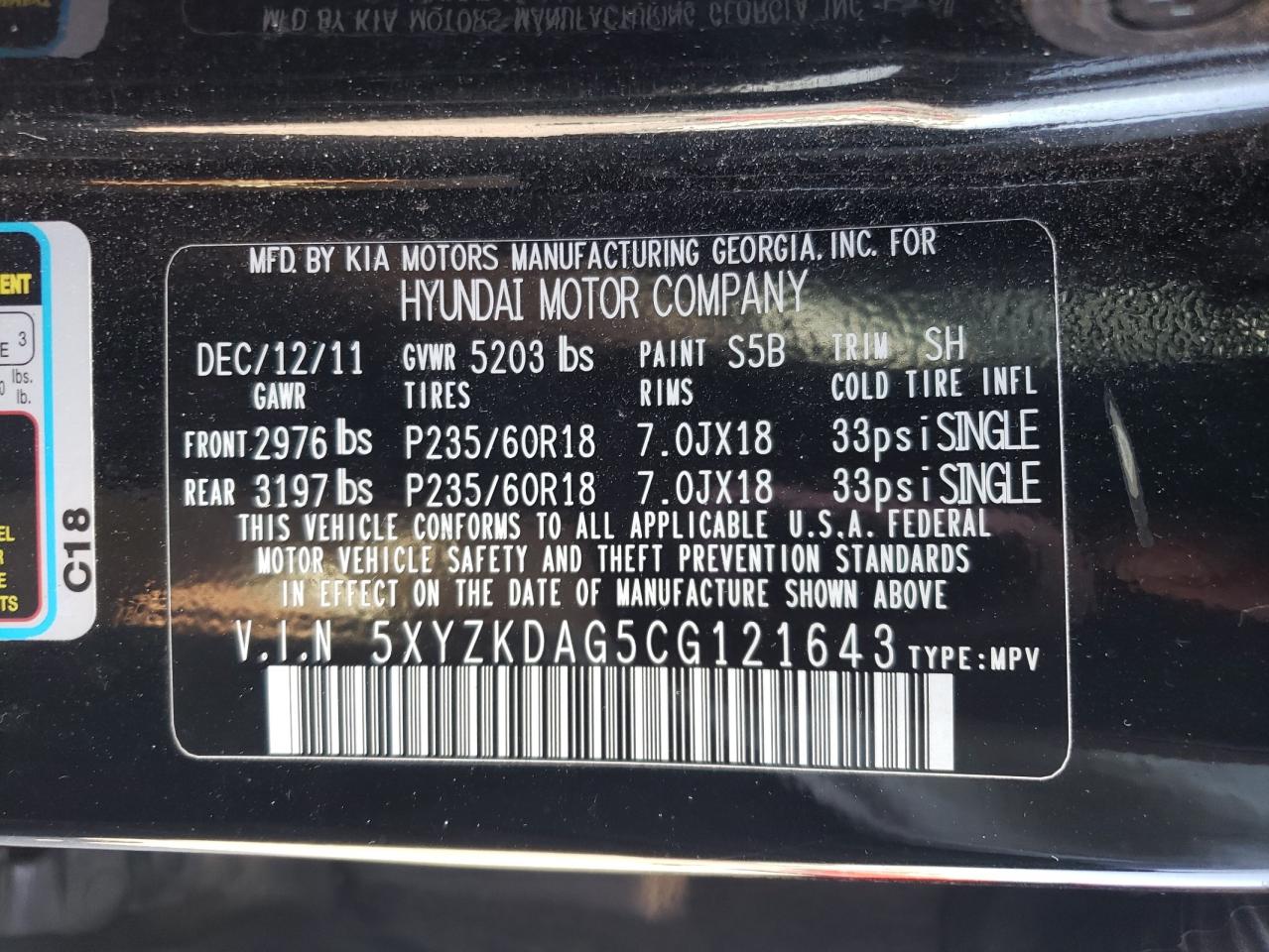 2012 Hyundai Santa Fe Limited VIN: 5XYZKDAG5CG121643 Lot: 65456965