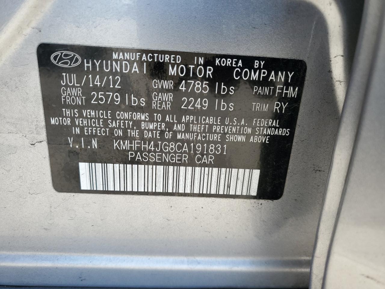 2012 Hyundai Azera Gls VIN: KMHFH4JG8CA191831 Lot: 63348985