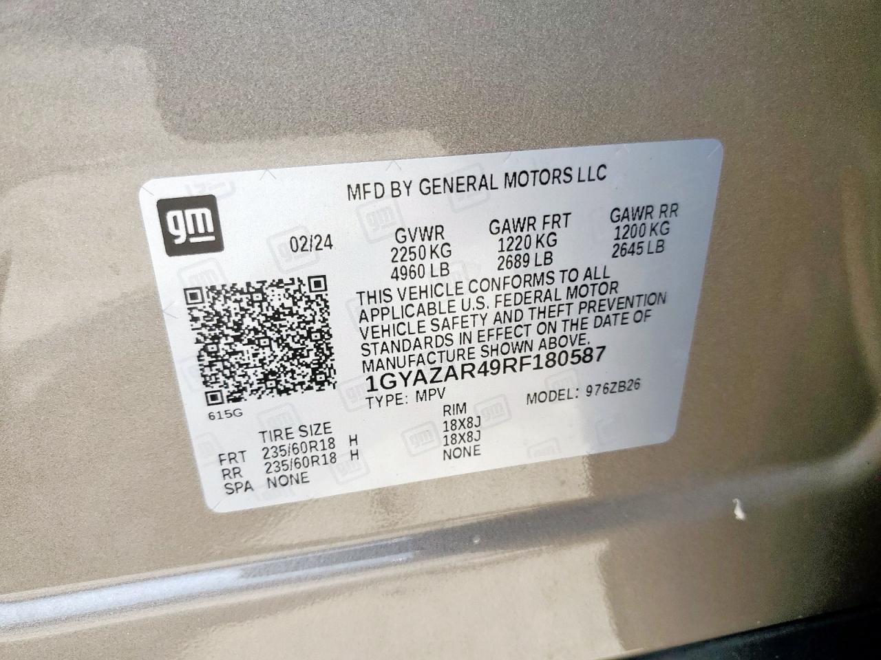 2024 Cadillac Xt4 Luxury VIN: 1GYAZAR49RF180587 Lot: 63968645