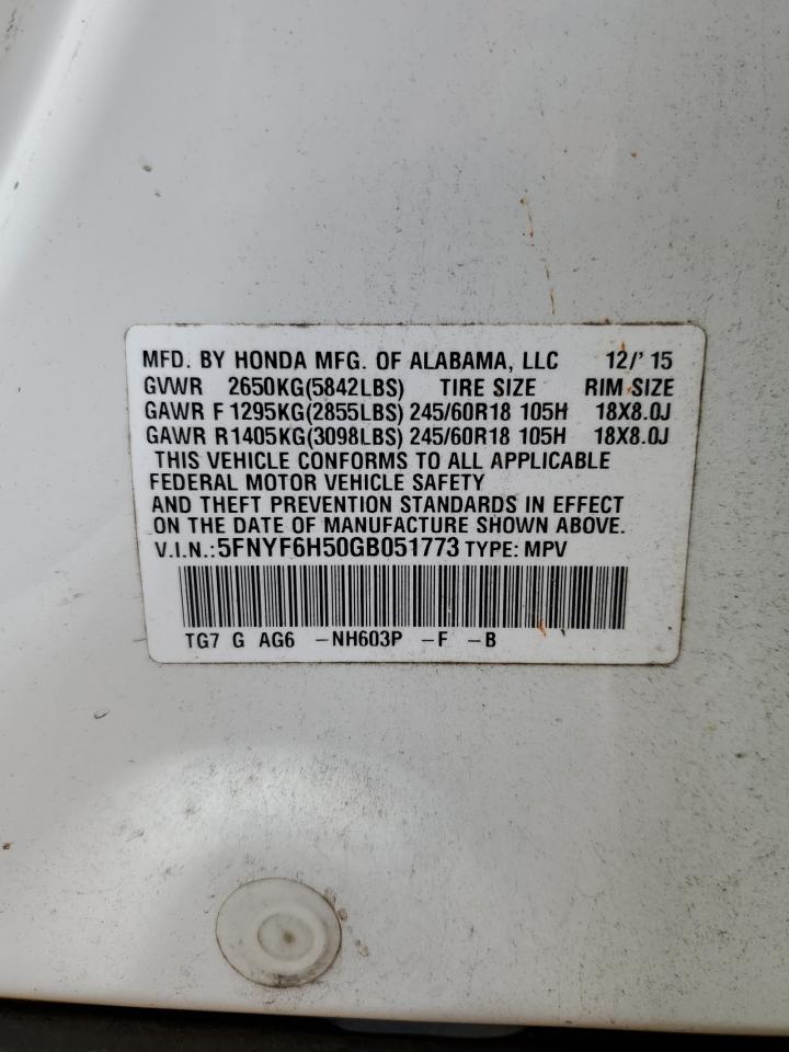 2016 Honda Pilot Exl VIN: 5FNYF6H50GB051773 Lot: 65156415