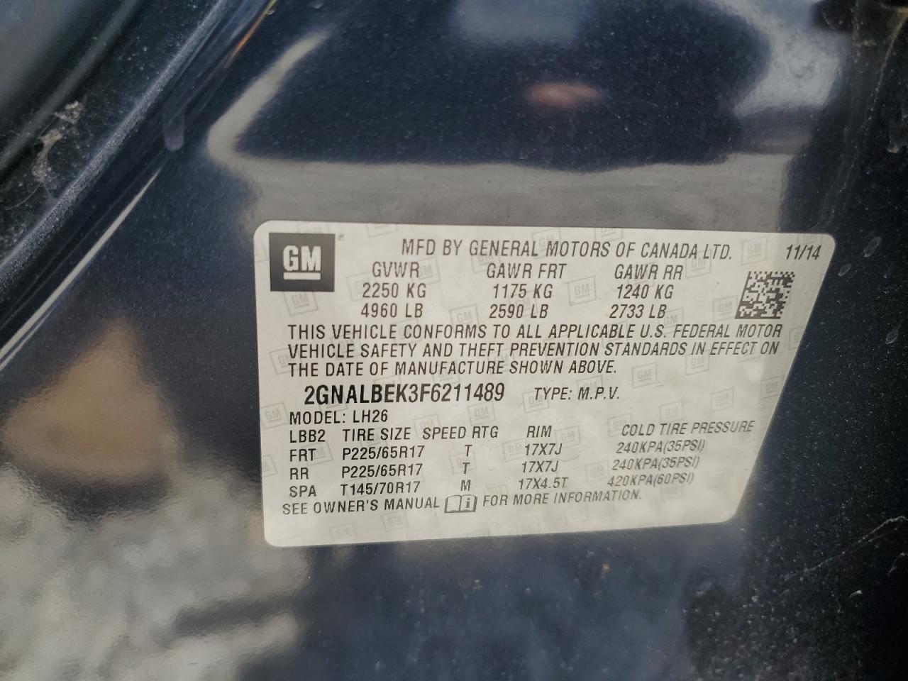 2015 Chevrolet Equinox Lt VIN: 2GNALBEK3F6211489 Lot: 64902115