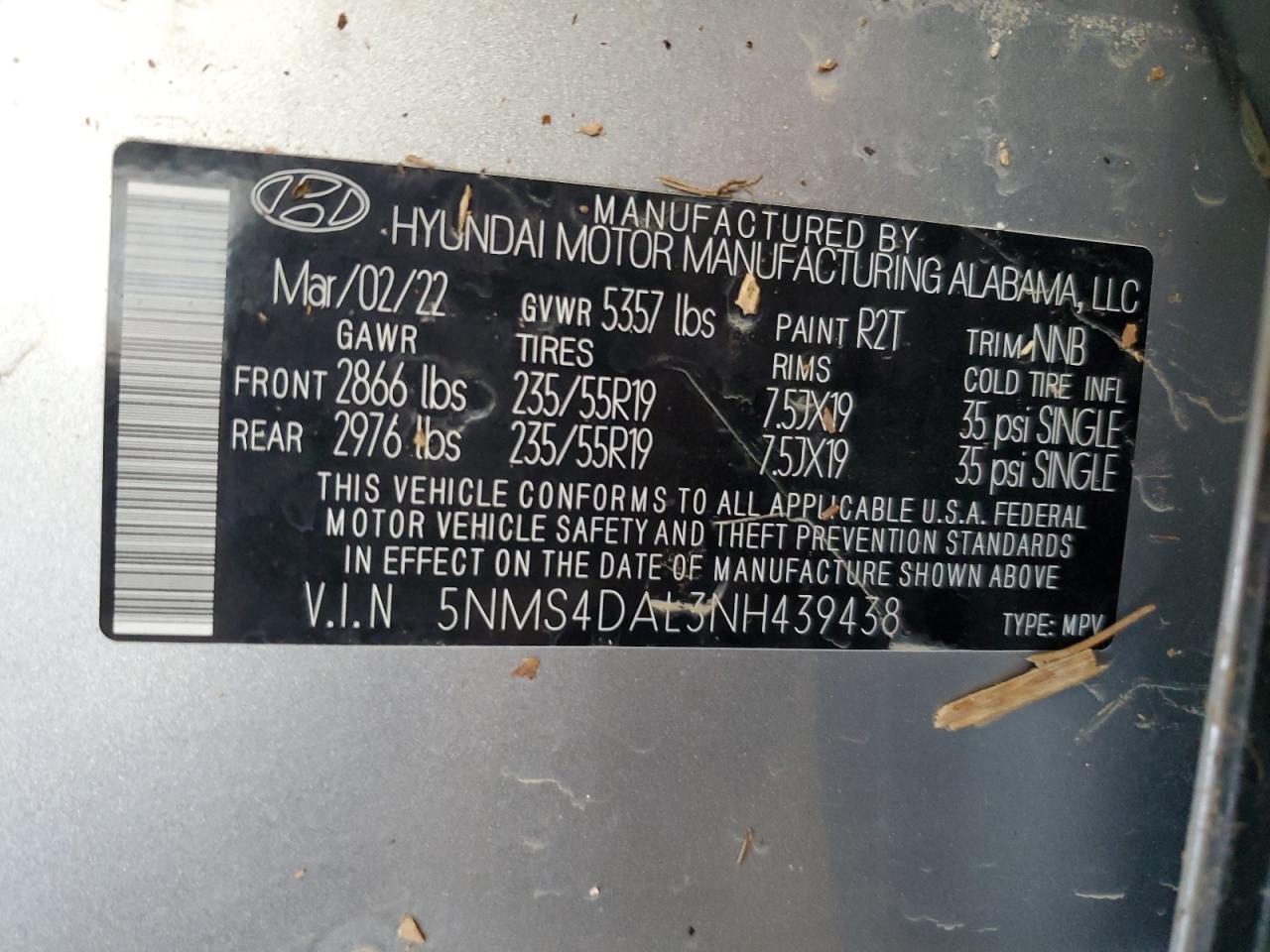 2022 Hyundai Santa Fe Limited VIN: 5NMS4DAL3NH439438 Lot: 62466235